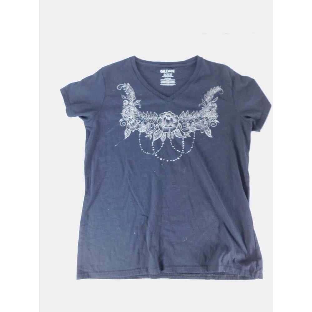 Gildan Shirt Womens Large Black Floral V Neck Graphic Tee 100% Cotton Basic